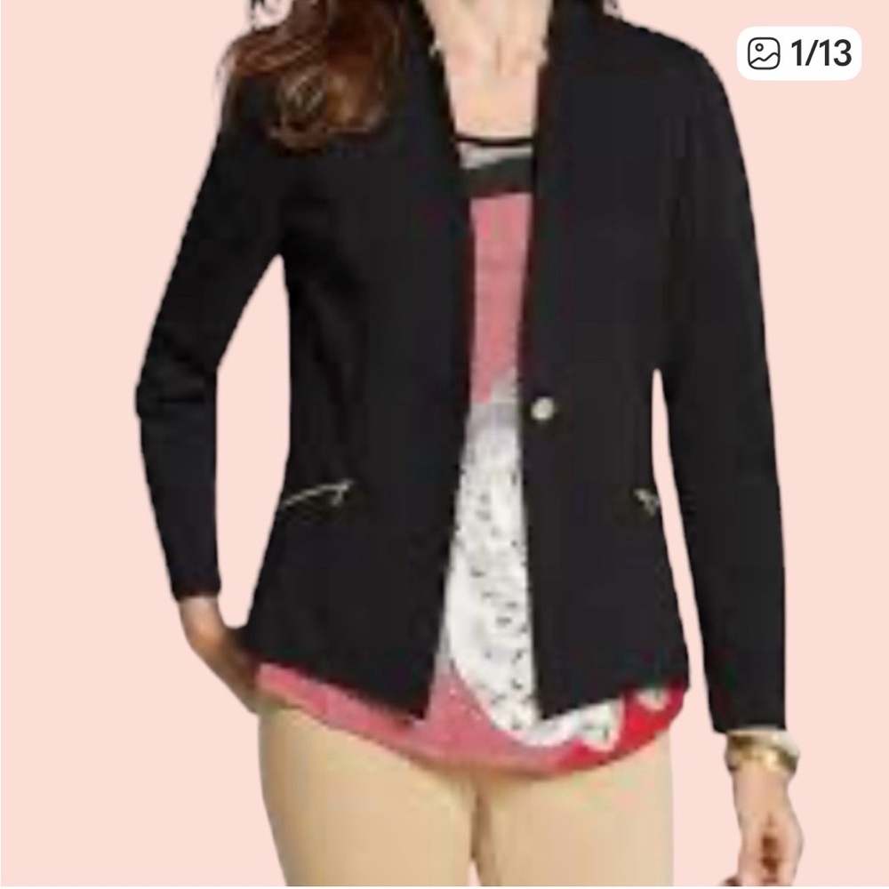 Chico’s Size 3 (Reg Size 16) Black 1 Button Blazer w Gold Zip Pockets/Button.
